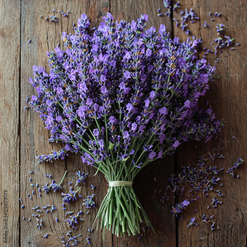 Lavender bouquet on rustic wood table, aromatherapy, relaxation