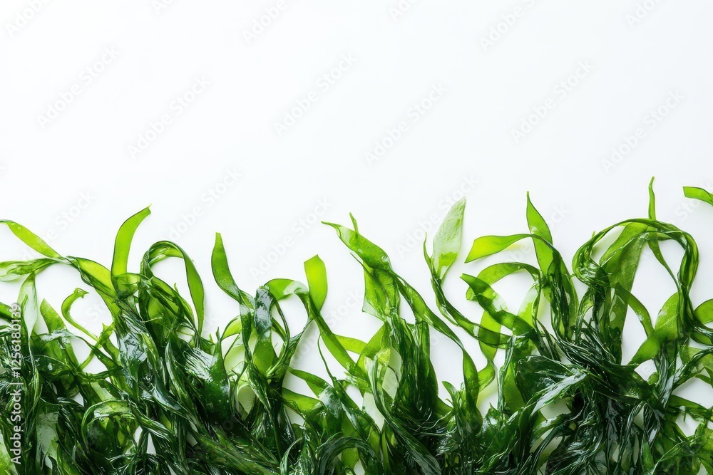 Fototapeta premium fresh green seaweed strands artistically arranged against pure white background, showcasing natural textures and patterns