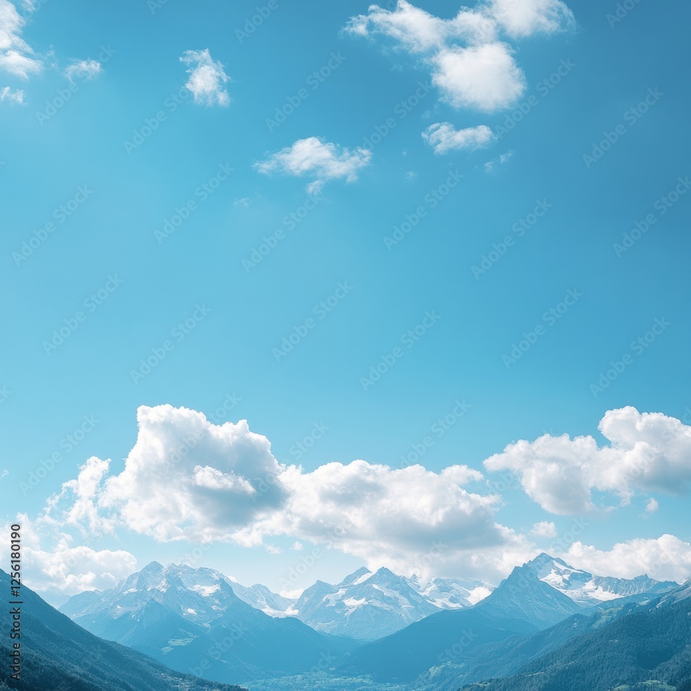 Majestic mountain range under a blue sky with soft clouds and open space for creative text placement. Generative AI