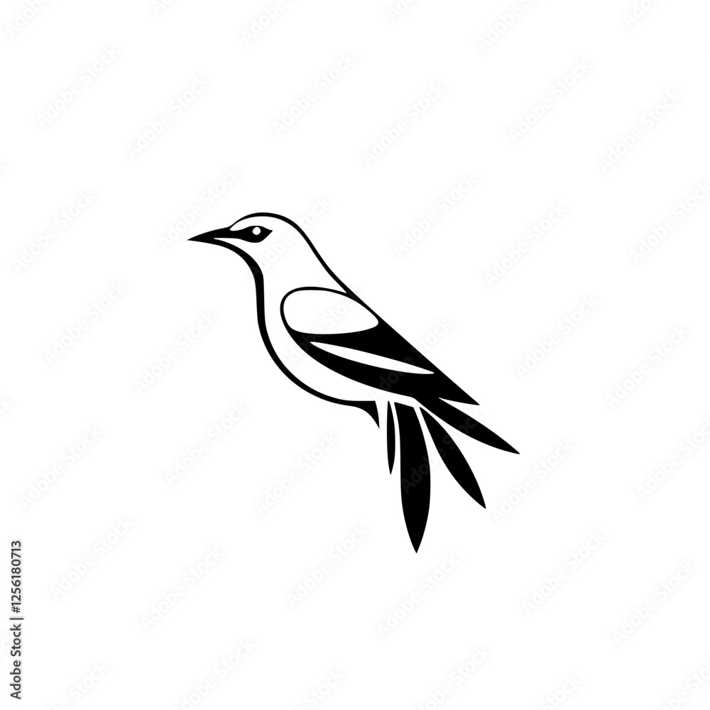 Obraz premium Minimalist Black and White Bird Logo: Clean Silhouette of a Perched Bird on White Background.