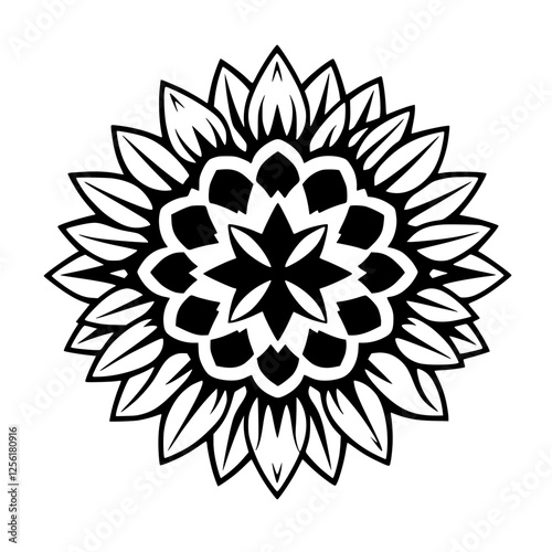 Abstract graphic representation of a stylized flower, intricate and symmetrical, in black and white.