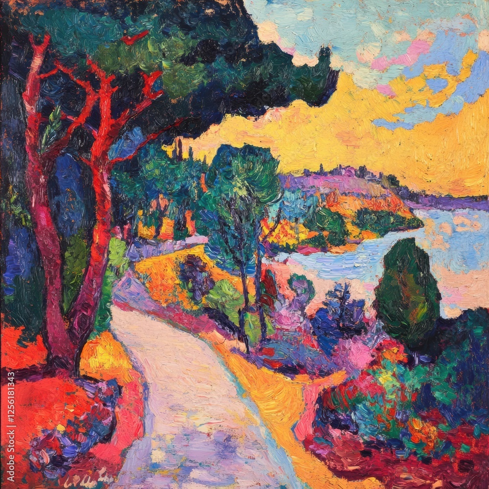Bright pathway alongside vibrant trees and tranquil waters during sunset in a colorful landscape. Generative AI Bright pathway alongside vibrant trees and tranquil waters during sunset in a colorful landscape. Generative AI
