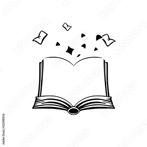 An open book with pages and shapes floating, representing knowledge and ideas, depicted in a simplistic black and white illustration.