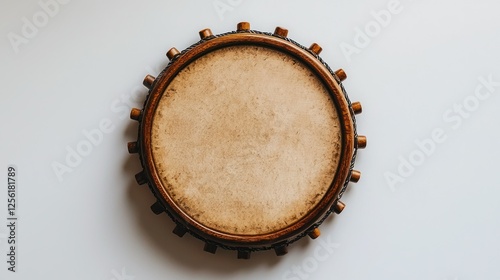 Antique wooden drum, top view, light background, blank drumhead
