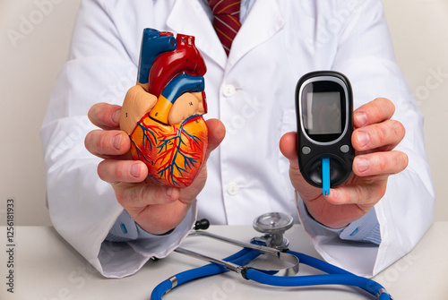 Doctor showing Anatomical model heart and glucometer in office hospital