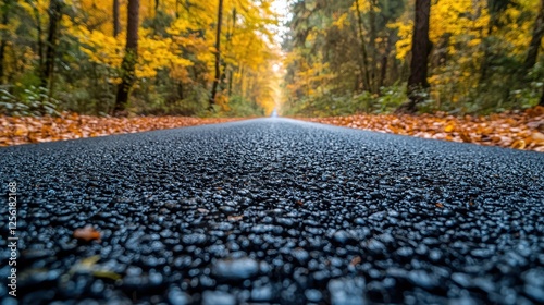 A serene road through a vibrant autumn forest with fallen leaves.