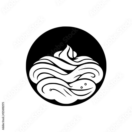 Illustrative design of abstract forms featuring swirls, nested shapes, and a minimalist style against a stark black background within a circle.