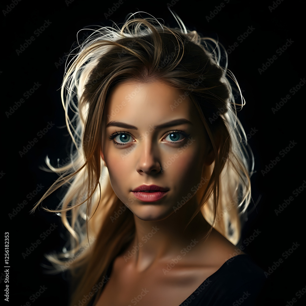 Fototapeta premium Artistic Female Portrait on a Dark Background with Dramatic Lighting