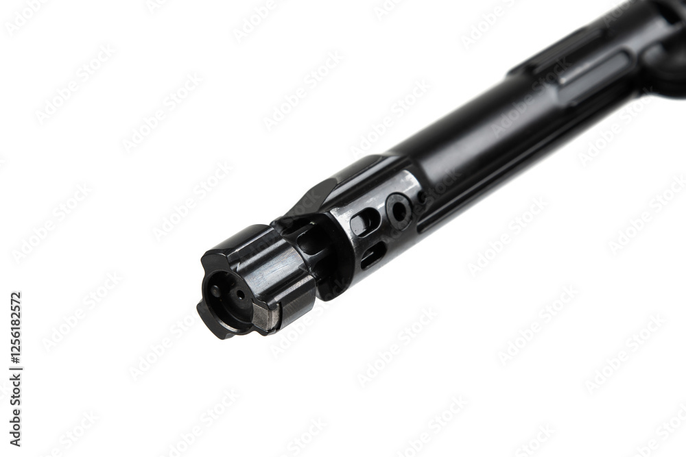 A detailed view of a bolt action rifle bolt showcasing its fluted body and textured rubber grip, isolated on white. A detailed view of a bolt action rifle bolt showcasing its fluted body and textured rubber grip, isolated on white.
