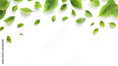 Vibrant green leaves scattered on a clean white background creating a fresh and natural composition photo