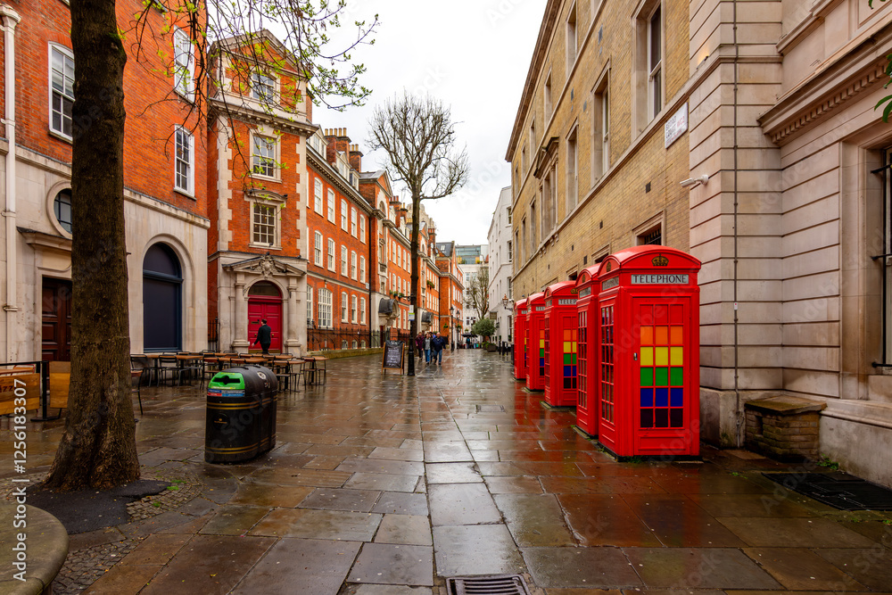 Obraz premium Five red phone boxes in Covent Garden, London, UK