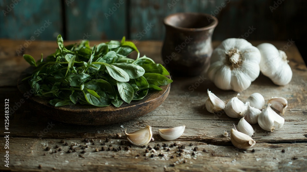 Fresh Spinach and Garlic on Rustic Wooden Table with Earthenware