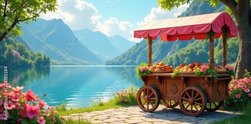 Rustic wooden cart filled with freshly baked bread rolls, idyllically positioned by a serene lake, surrounded by vibrant flowers and majestic mountains under a bright sunny sky photo