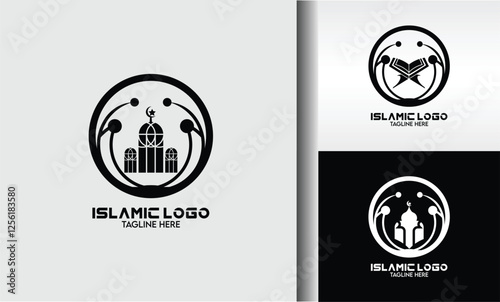 The image features three variations of a minimalist Islamic logo. Each design incorporates a circular emblem with Islamic motifs like mosques and abstract shapes. The logos use clean lines and a monoc