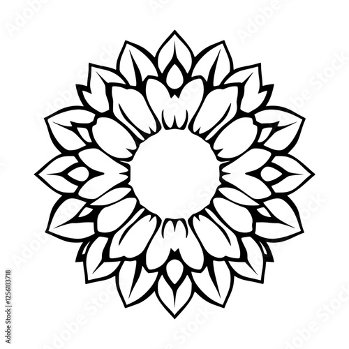 Bold, Black and White Sunflower-Inspired Mandala Design with a Blank Center, Floral.