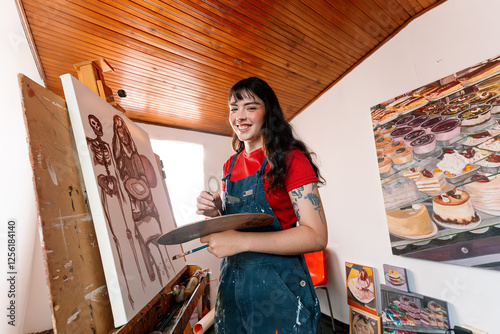 Young artist painting a canvas in her home studio photo