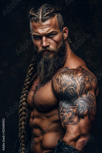 muscular viking man with long braided hair
