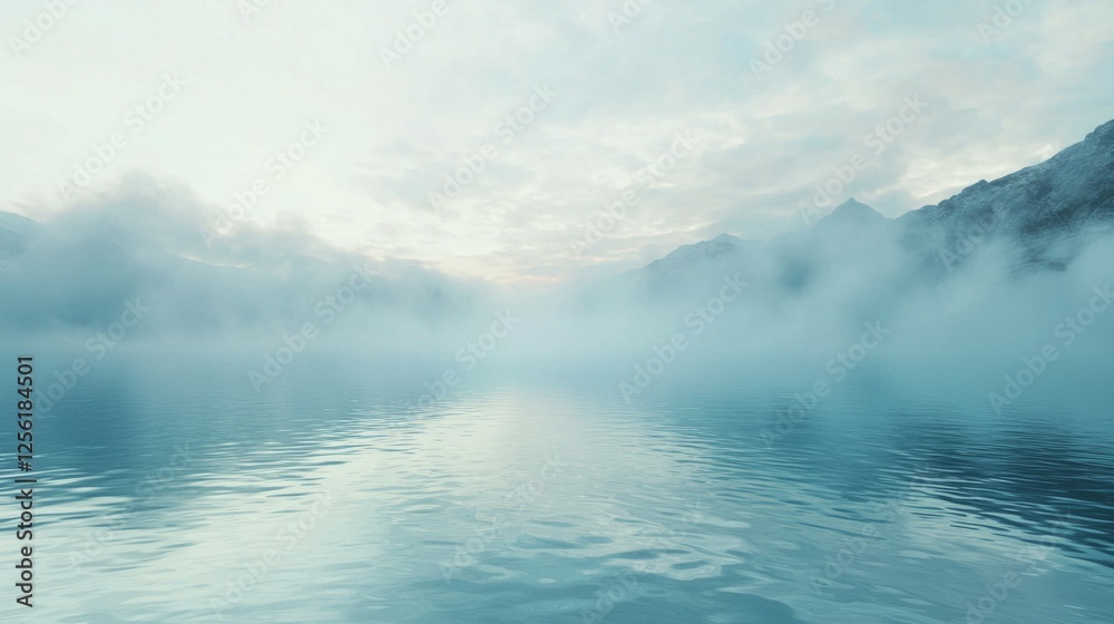 Fototapeta premium Serene Misty Lake Reflection at Dawn with Mountains in Background