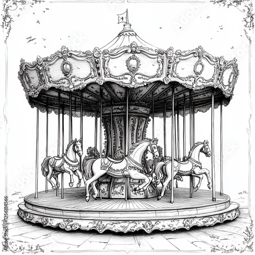 Vintage carousel with intricately designed horses in a whimsical park setting, capturing nostalgia and joy of childhood memories