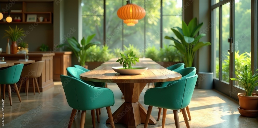 Obraz premium Serene Indoor Dining Area with Lush Greenery and Teal Chairs