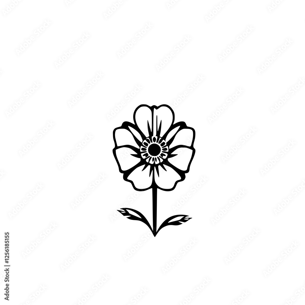 Obraz premium Black and White illustration of a stylized flower, stem, and leaves against a white background.