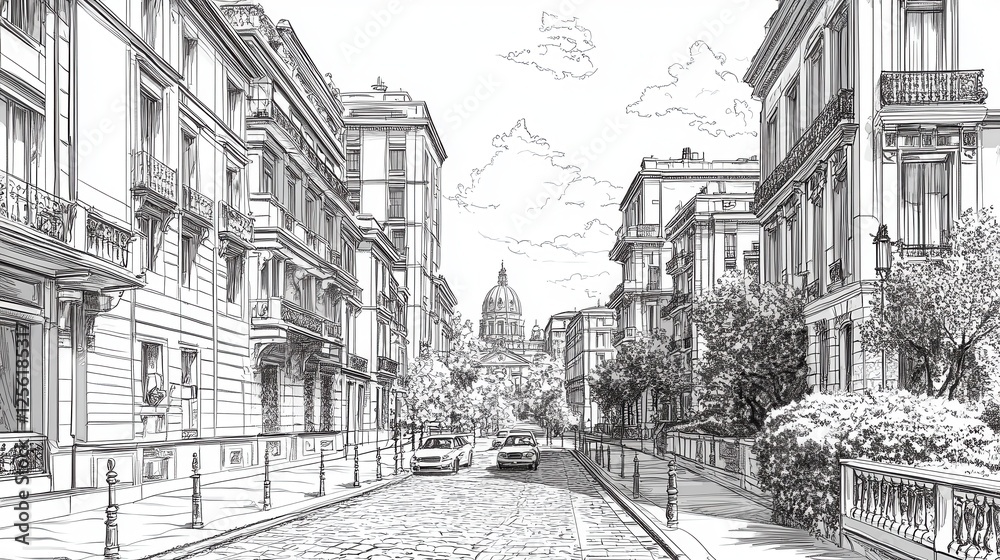 Fototapeta premium Scenic Street View with Classic Architecture and Religious Dome in Background, Hand-Drawn Style Artwork, Urban Landscape