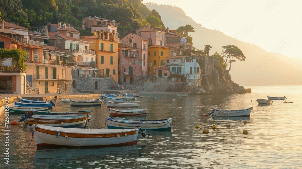 Fototapeta premium Serene Coastal Village with Colorful Houses and Moored Boats