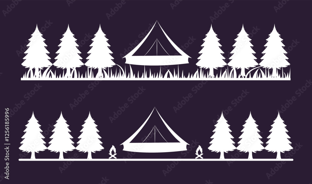 Obraz premium Vector set of camping and adventures illustration with tents, campfire, grass, and trees 