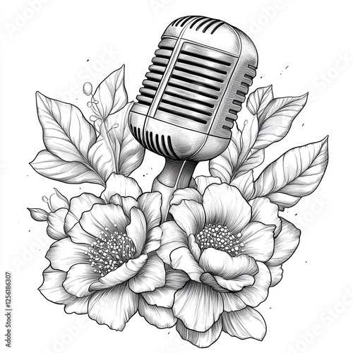 Vintage microphone surrounded by blooming flowers in elegant black and white sketch style design