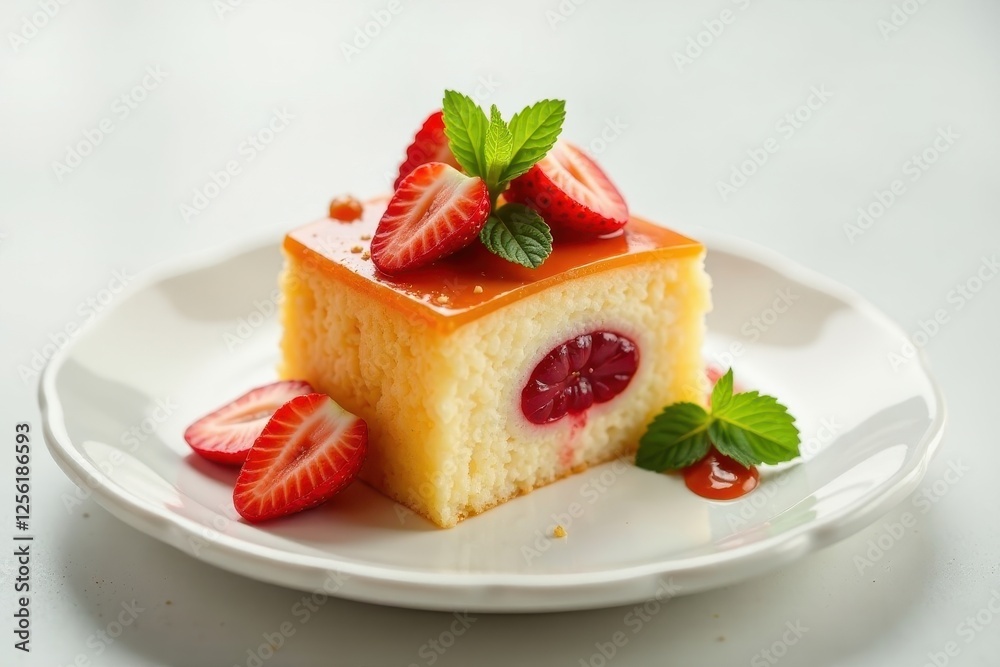 A delectable slice of vanilla cake, featuring a vibrant raspberry center, topped with fresh strawberries and a glistening glaze, elegantly presented on a pristine white plate. A delectable slice of vanilla cake, featuring a vibrant raspberry center, topped with fresh strawberries and a glistening glaze, elegantly presented on a pristine white plate.