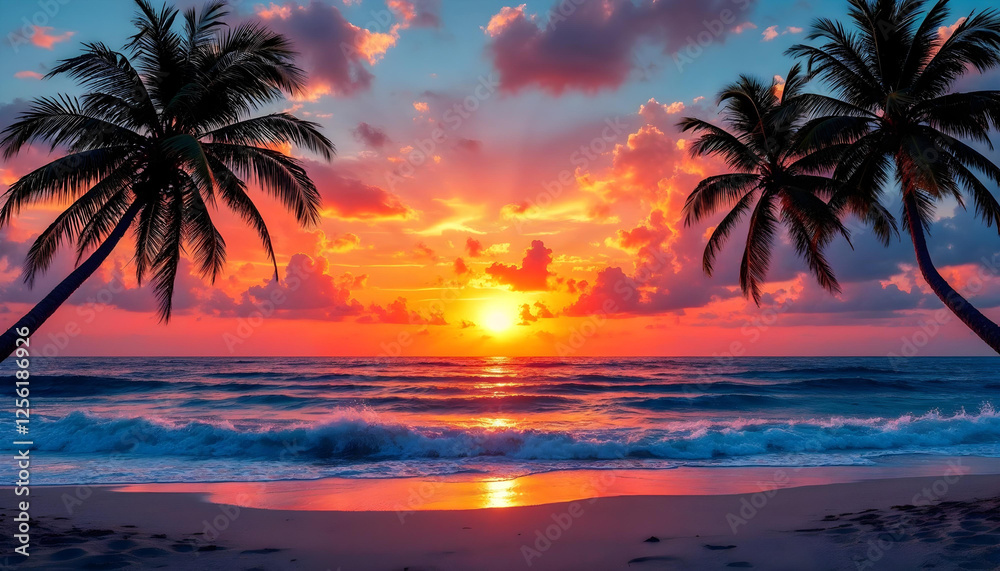 A vibrant ocean sunset framed by palm tree silhouettes and gentle waves on the shore. A vibrant ocean sunset framed by palm tree silhouettes and gentle waves on the shore.