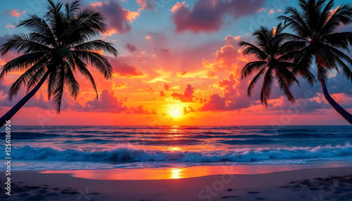 A vibrant ocean sunset framed by palm tree silhouettes and gentle waves on the shore.