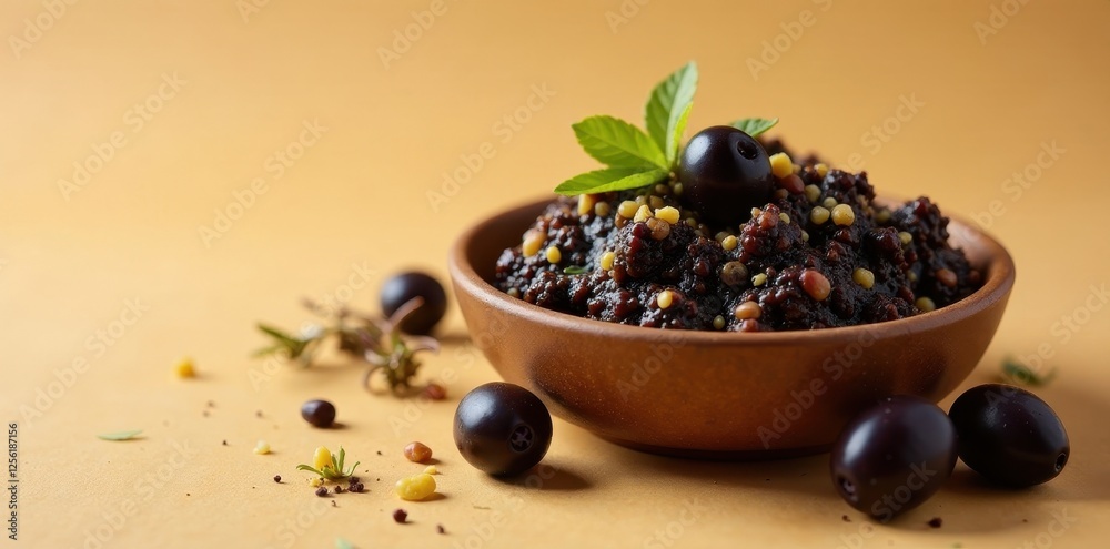 Dark Olive Tapenade with Herbs and Spices in a Rustic Wooden Bowl, a Culinary Delight Ready to Serve Dark Olive Tapenade with Herbs and Spices in a Rustic Wooden Bowl, a Culinary Delight Ready to Serve