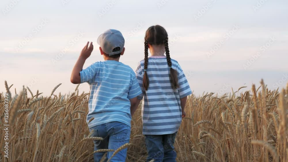 Calm children holding hands making way through ears of wild wheat in setting sun. Children kids peacefully walking strolling wandering in field at mild sunset in evening. Kids quietly walk together. Calm children holding hands making way through ears of wild wheat in setting sun. Children kids peacefully walking strolling wandering in field at mild sunset in evening. Kids quietly walk together.