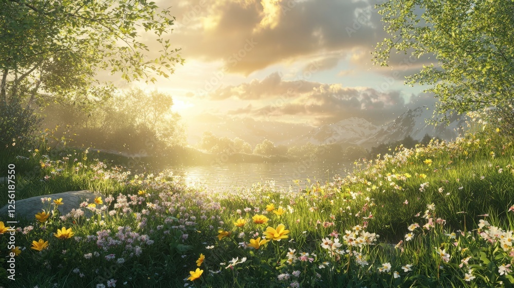 Obraz premium Serene Nature Landscape with Flowers and Sunset Over Still Water