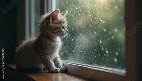 Thoughtful orange kitten sitting by a rainy window, serene mood, indoor environment