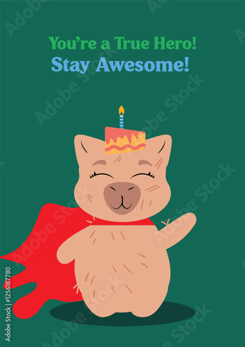 Superhero-themed birthday card featuring a capybara with a red cape on a blue background. Perfect for kids' birthdays, hero-inspired celebrations, party invitations, and greeting cards