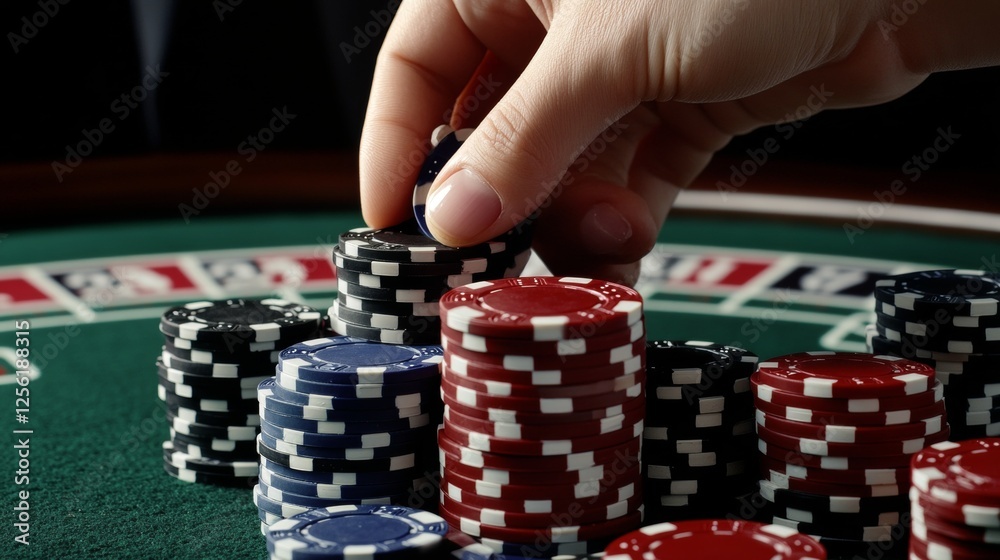 Cinematic close up of a hand placing a stack of casino chips on a roulette table betting on red Cinematic close up of a hand placing a stack of casino chips on a roulette table betting on red