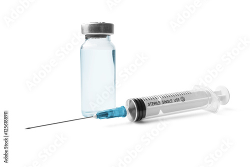 Medical syringe and glass vial with a metal cap filled with liquid medication or vaccine, antibiotic ampoule isolated on a transparent background