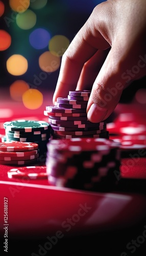 Close up of a hand placing a bet with a stack of casino chips on red at a roulette table photo