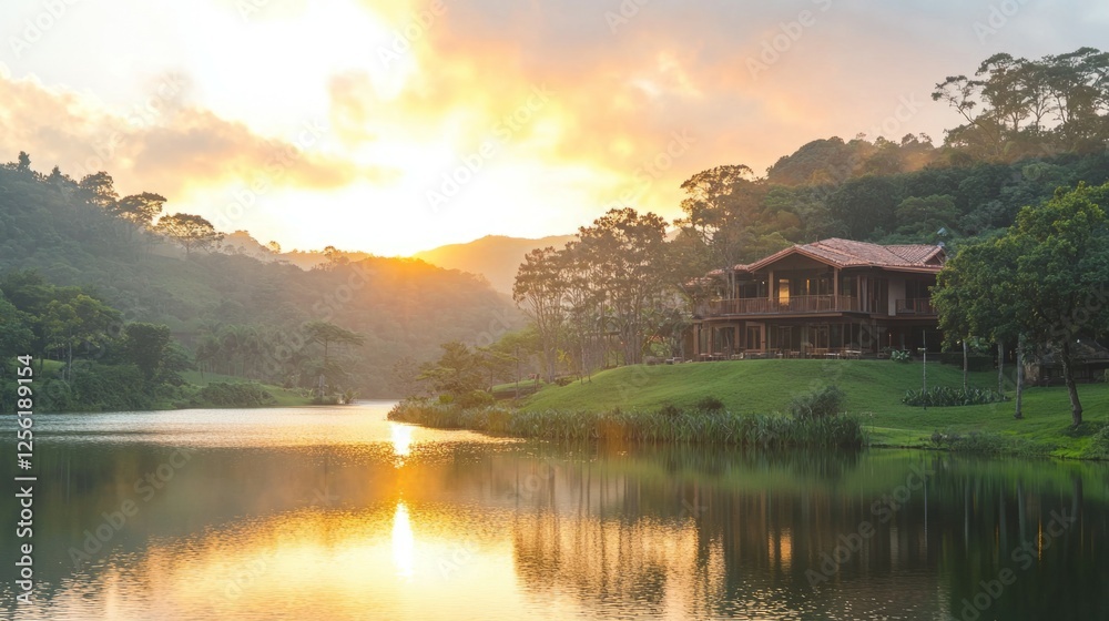 Fototapeta premium Serene Lakeside Cabin at Sunrise with Mist and Vibrant Colors