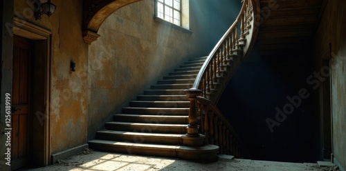 A sunlit, aged wooden staircase curves elegantly within a decaying building, its worn steps and balustrade hinting at forgotten grandeur and bygone eras