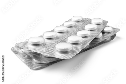 Group of blister packs of prescription medication, antibiotic pills, painkillers, isolated on a transparent background. Healthcare and medical treatment concept photo