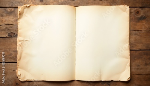 Old vintage book with blank pages on a wooden table photo