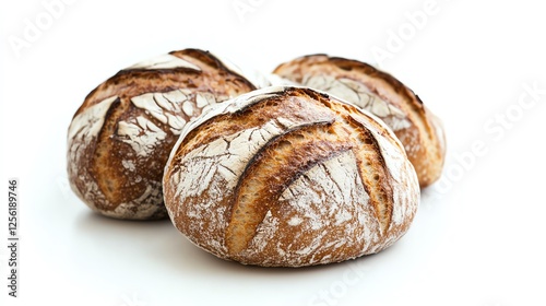 Freshly baked artisan bread loaves on white background.