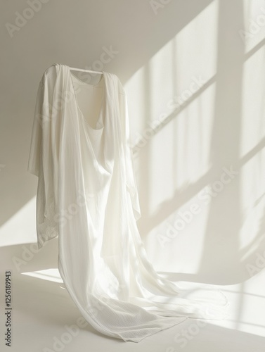 Elegant minimalist clothing display on a white background showcasing fluid fabric drapes in soft lighting. Generative AI