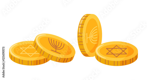 Hanukkah coins with Jewish symbols Magen David and Menorah. Hand drawn trendy flat style isolated Happy Hanukkah icon. Vector elements