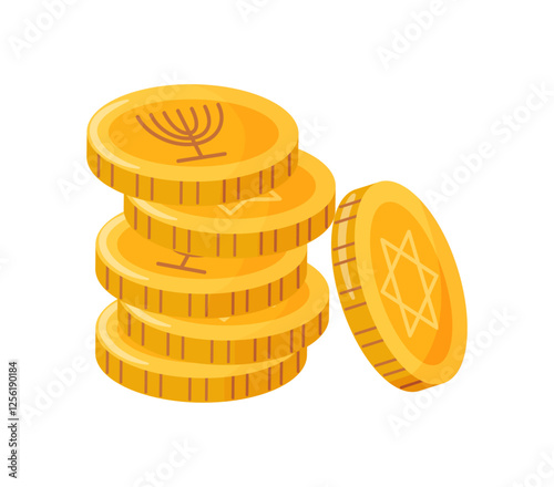 Hanukkah coins with Jewish symbols Magen David and Menorah. Hand drawn trendy flat style isolated Happy Hanukkah icon. Vector elements