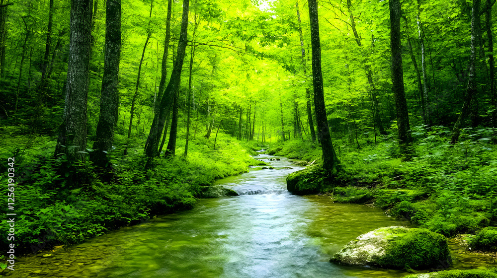Obraz premium A fresh green forest with a clear stream running through the middle, emphasizing conservation