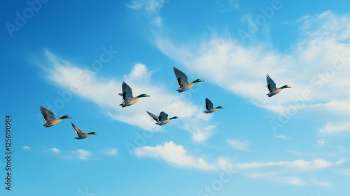 Flock of mallard ducks flying in blue sky: celebrating international day of migratory birds